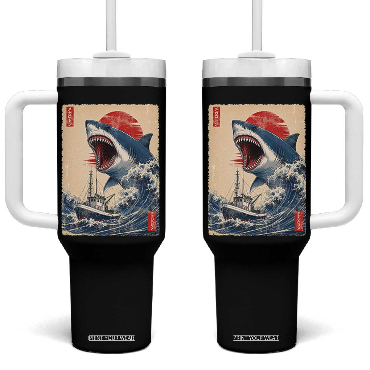 Megalodon Shark Japanese Vintage Graphic Ukiyo e Art Tumbler With Handle TS11 One Size: 40 oz Black Print Your Wear