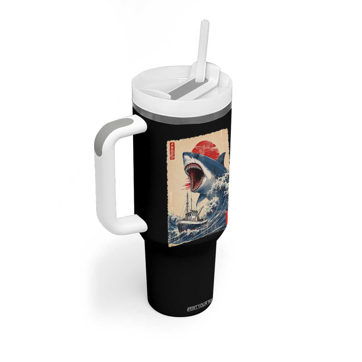 Megalodon Shark Japanese Vintage Graphic Ukiyo e Art Tumbler With Handle