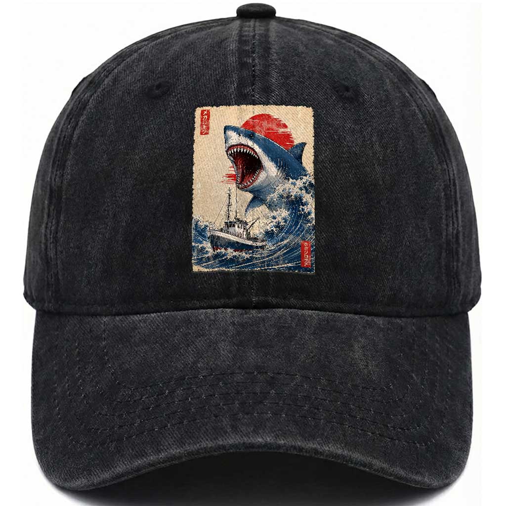Megalodon Shark Japanese Vintage Graphic Ukiyo e Art Washed Cotton Baseball Cap TS11 Print Your Wear