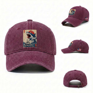 Megalodon Shark Japanese Vintage Graphic Ukiyo e Art Washed Cotton Baseball Cap