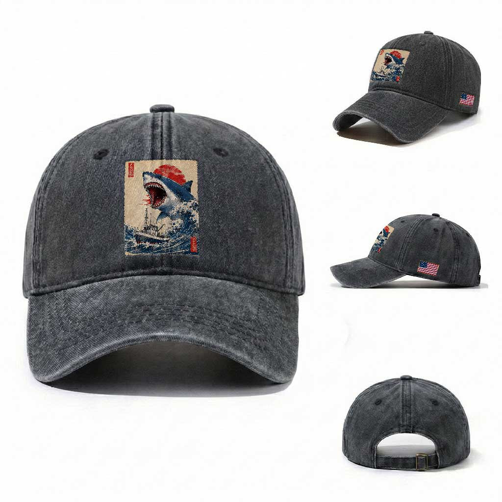 Megalodon Shark Japanese Vintage Graphic Ukiyo e Art Washed Cotton Baseball Cap