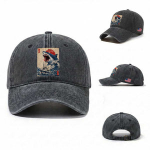 Megalodon Shark Japanese Vintage Graphic Ukiyo e Art Washed Cotton Baseball Cap