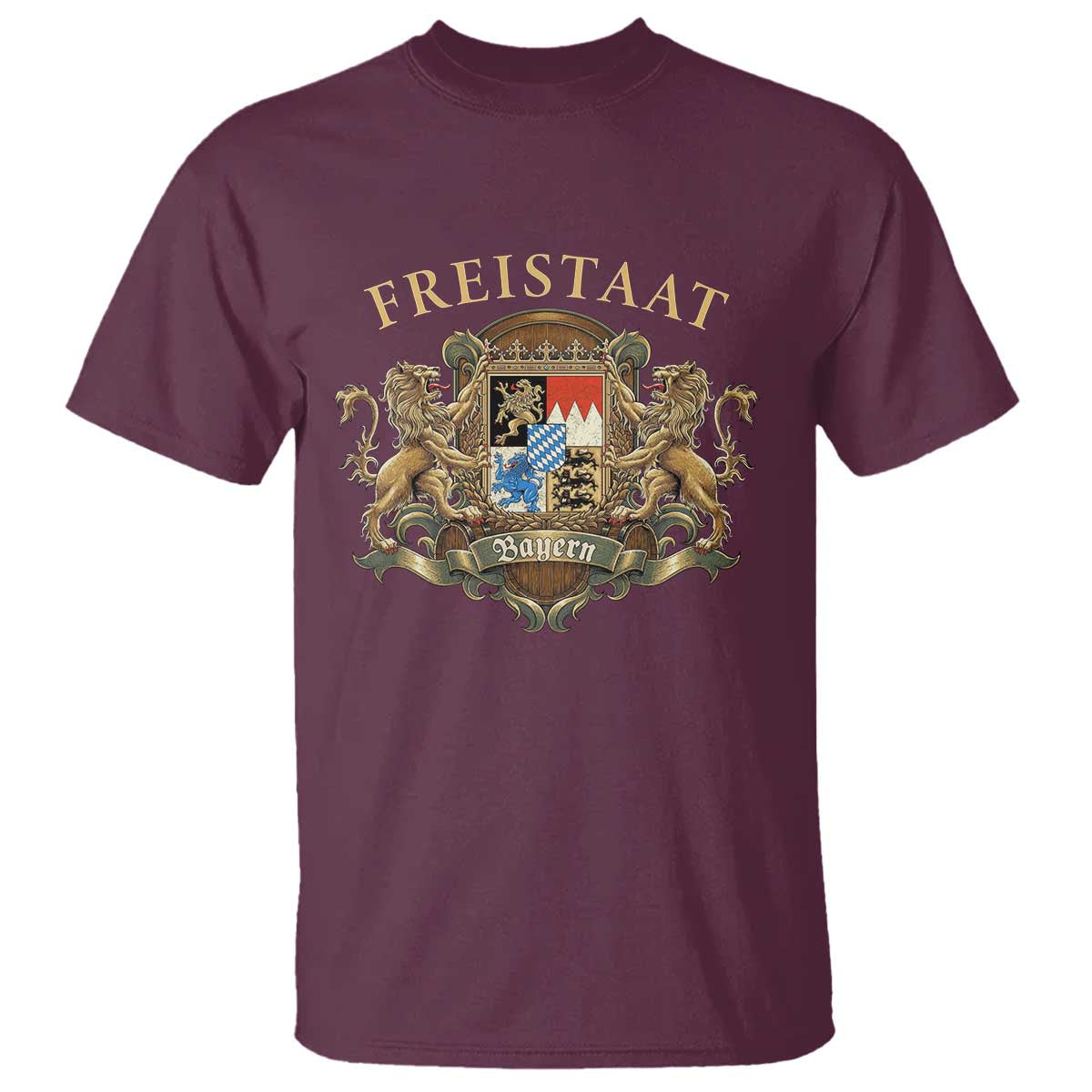 Bavarian Pride T Shirt Freistaat Bayern Golden Lion Coat Of Arms TS11 Maroon Print Your Wear