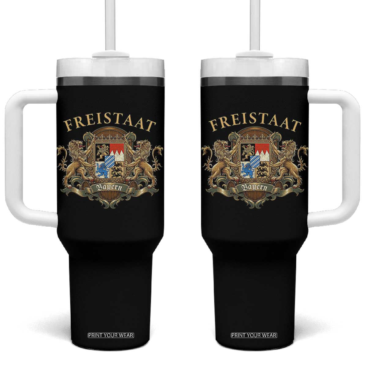 Bavarian Pride Tumbler With Handle Freistaat Bayern Golden Lion Coat Of Arms TS11 One Size: 40 oz Black Print Your Wear