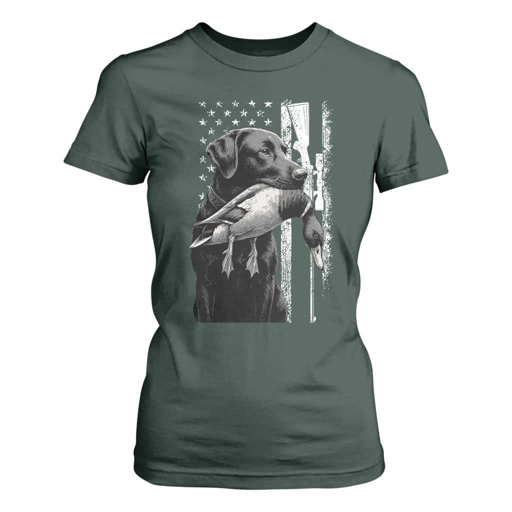 Duck Hunting Dog Back Lab Vintage American Flag T Shirt For Women TS11 Dark Forest Green Print Your Wear