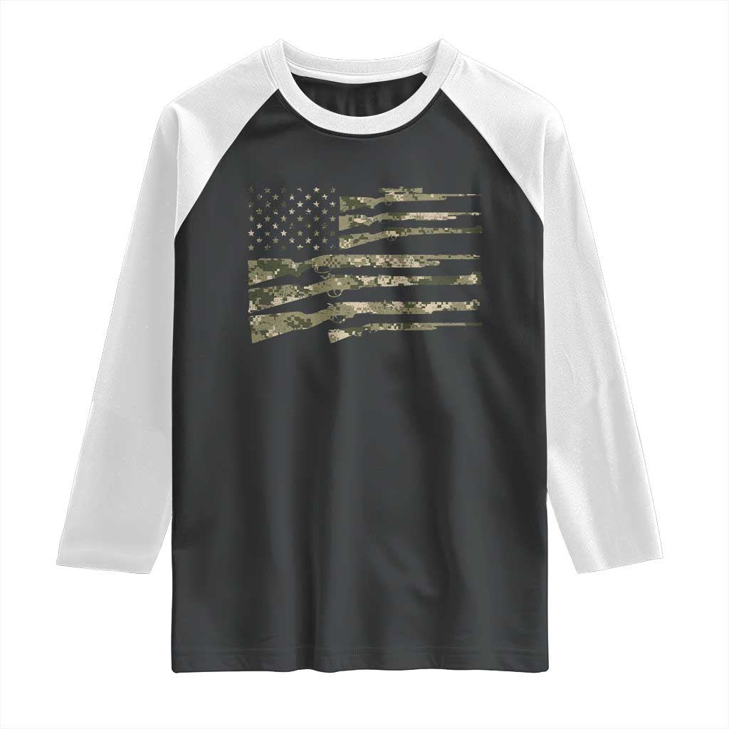 Hunting Guns Vintage Camo American Flag Raglan Shirt TS11 Black White Print Your Wear