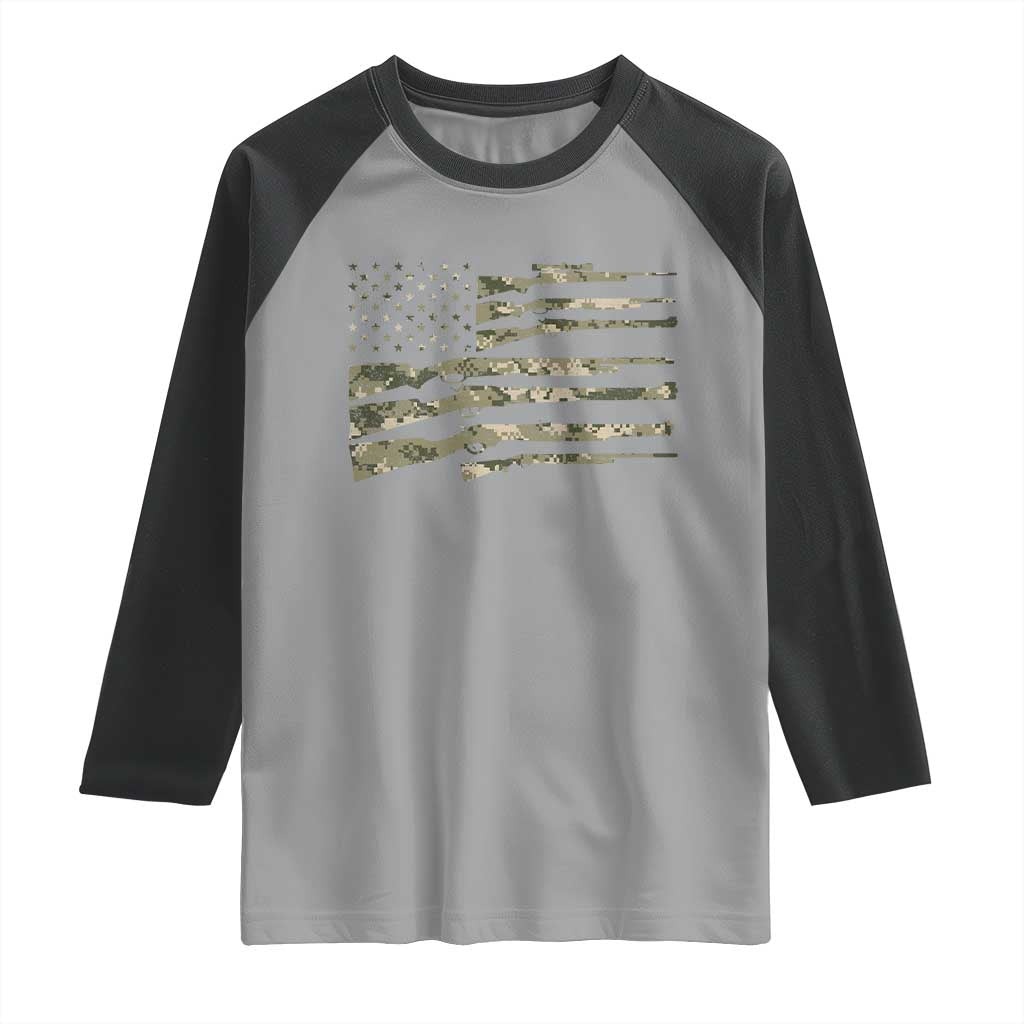 Hunting Guns Vintage Camo American Flag Raglan Shirt TS11 Sport Gray Black Print Your Wear