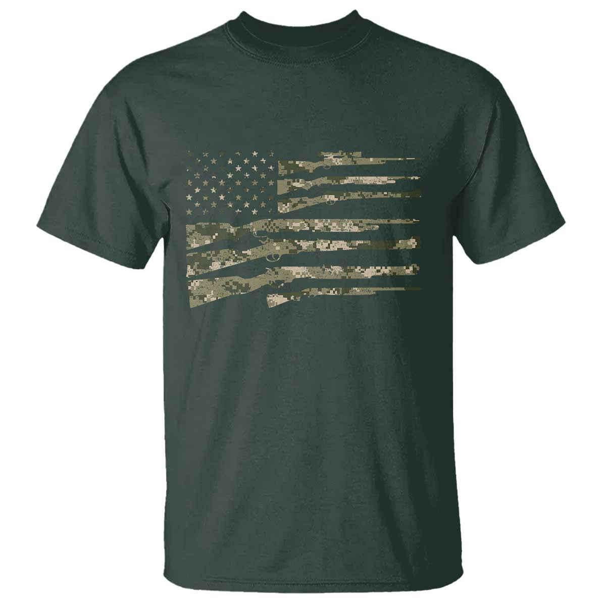 Hunting Guns Vintage Camo American Flag T Shirt TS11 Dark Forest Green Print Your Wear