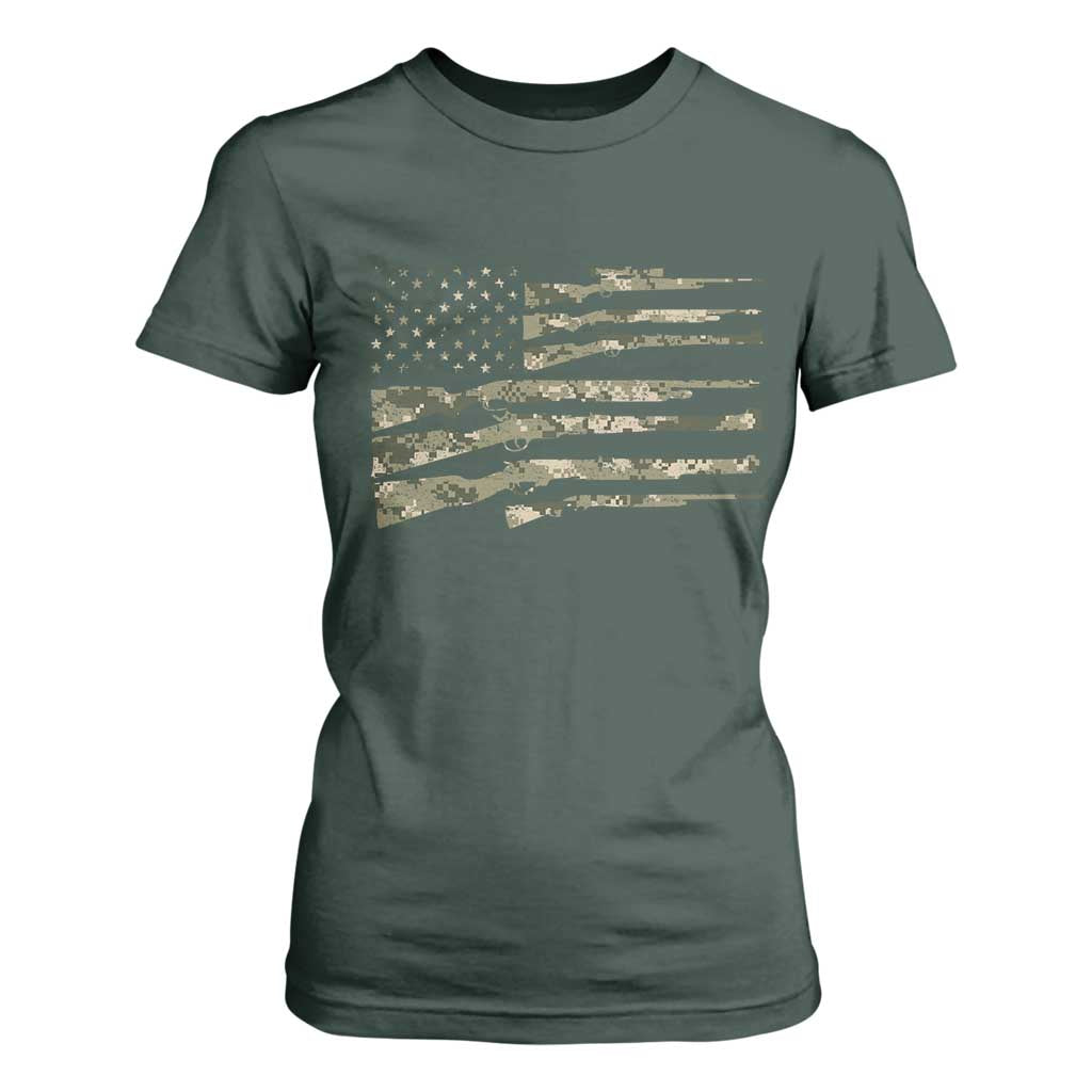Hunting Guns Vintage Camo American Flag T Shirt For Women TS11 Dark Forest Green Print Your Wear