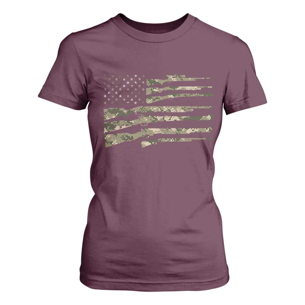 Hunting Guns Vintage Camo American Flag T Shirt For Women TS11 Maroon Print Your Wear