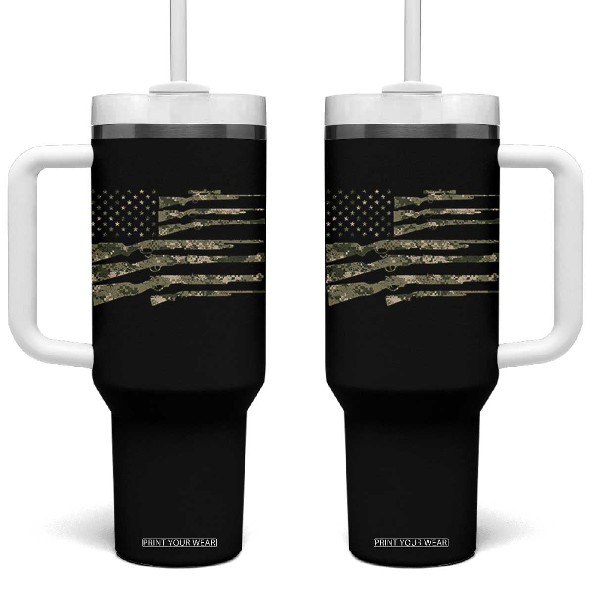 Hunting Guns Vintage Camo American Flag Tumbler With Handle TS11 One Size: 40 oz Black Print Your Wear