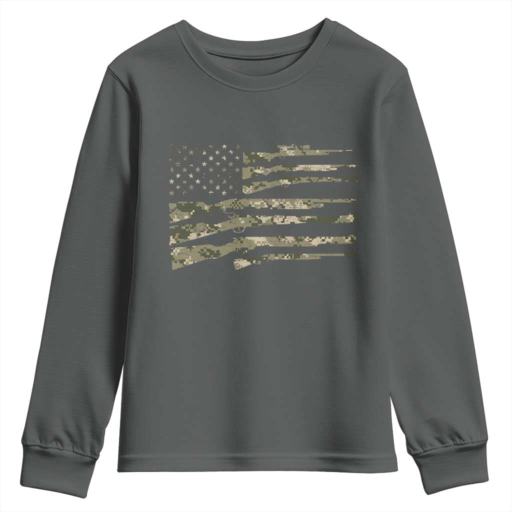 Hunting Guns Vintage Camo American Flag Youth Sweatshirt TS11 Dark Heather Print Your Wear