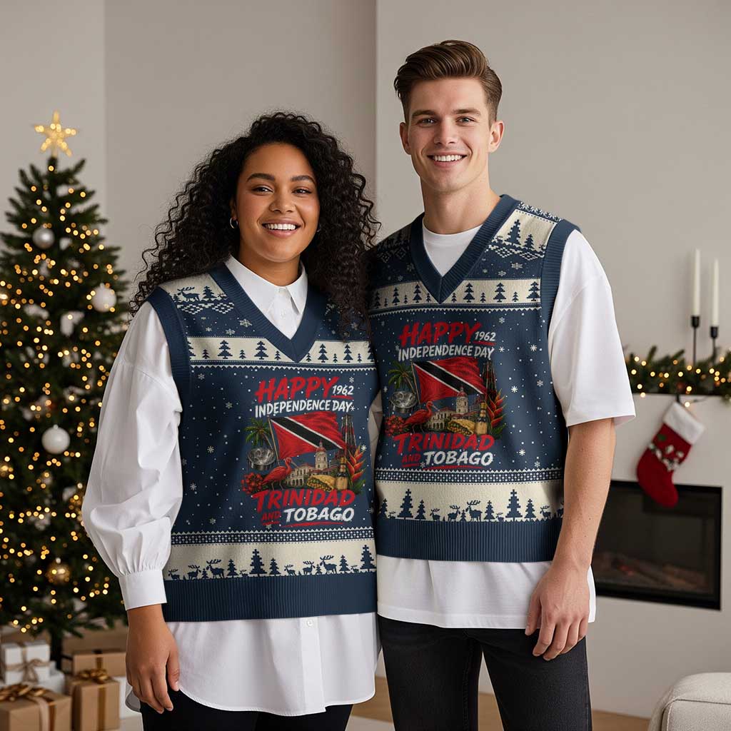 Trinidad And Tobago Independence Day V-Neck Knit Sweater Vest Trinidadian Heritage Steelpan Scarlet Ibis
