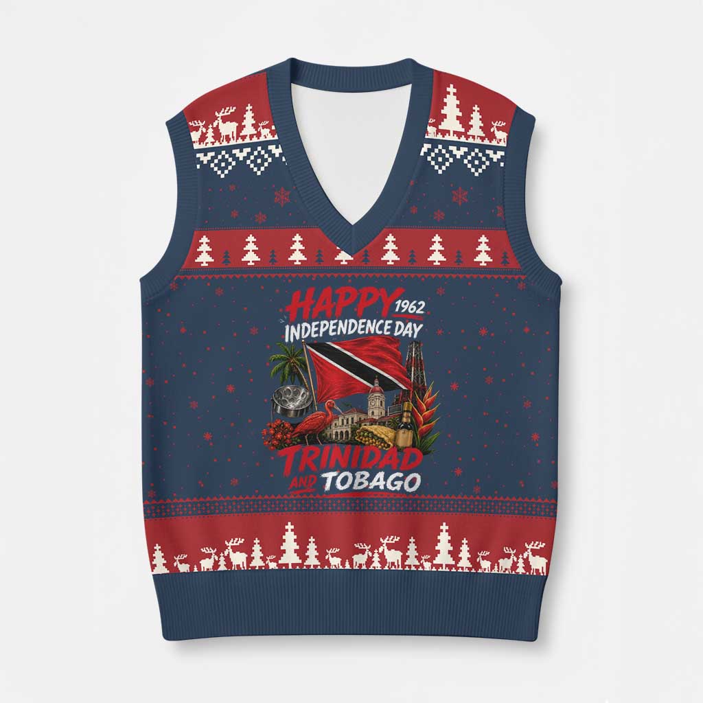 Trinidad And Tobago Independence Day V-Neck Knit Sweater Vest Trinidadian Heritage Steelpan Scarlet Ibis