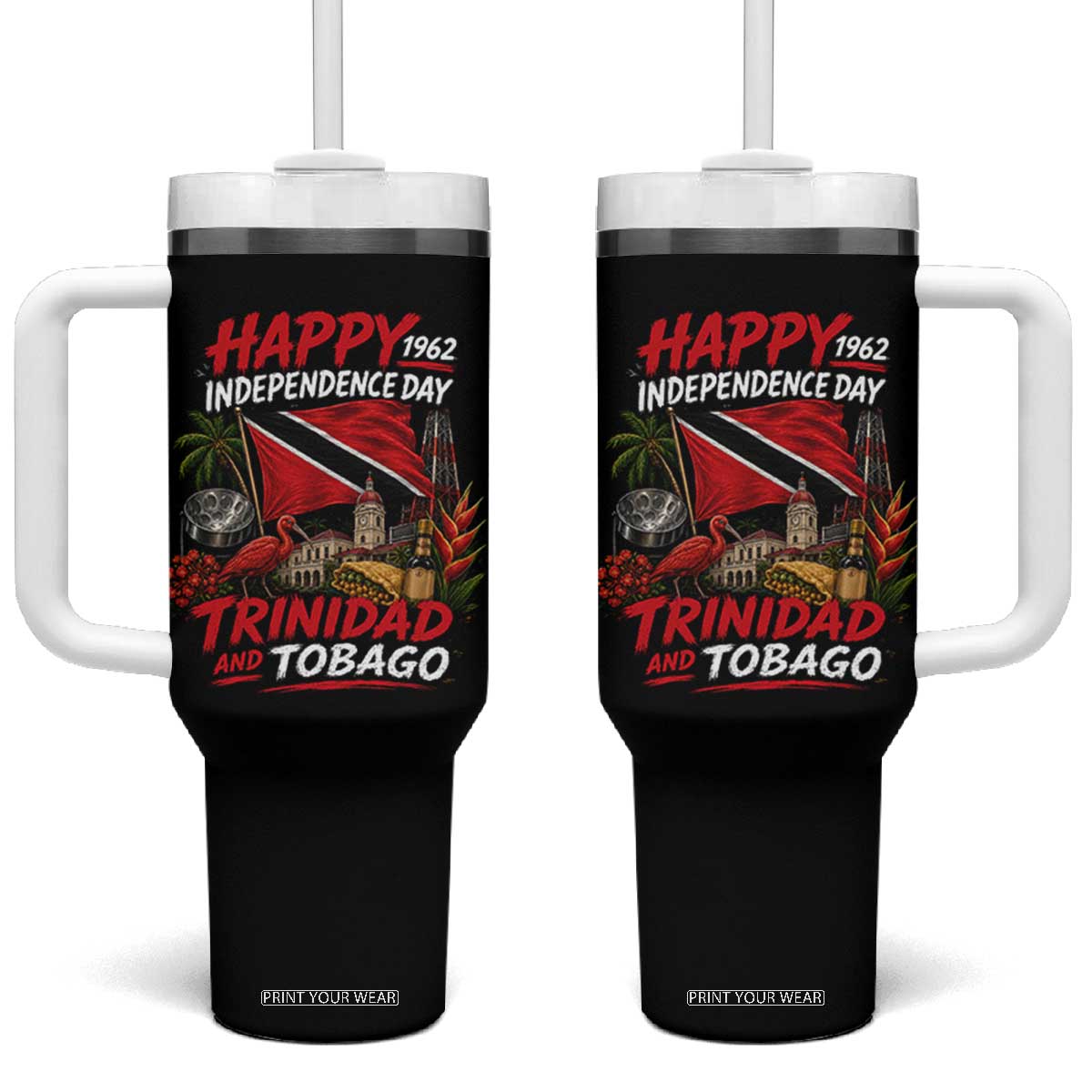 Trinidad And Tobago Independence Day Tumbler With Handle Trinidadian Heritage Steelpan Scarlet Ibis TS11 One Size: 40 oz Black Print Your Wear