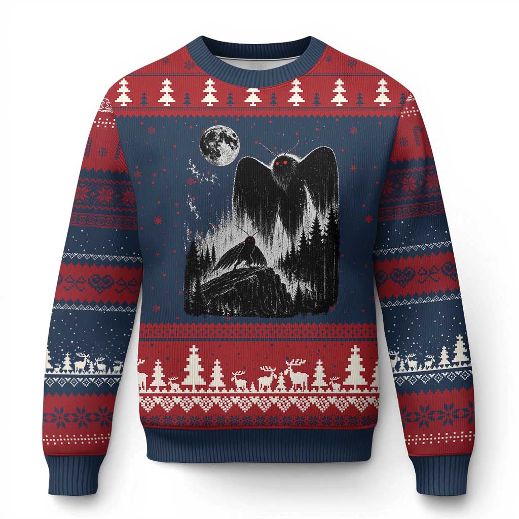 Mothman Howling at Moon 90s Retro Ugly Christmas Sweater Funny West Virginia Cryptid TS11 Navy Red Print Your Wear