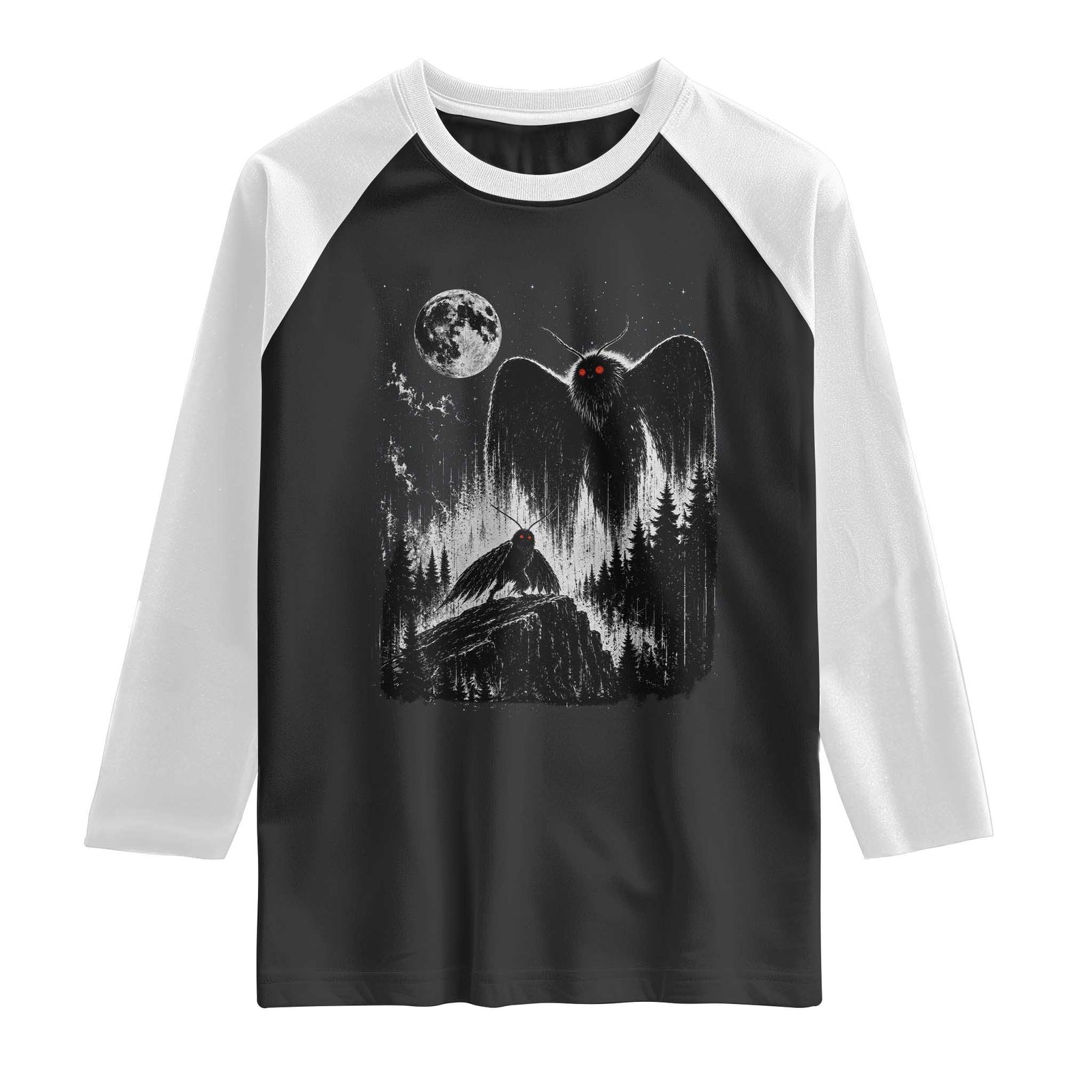 Mothman Howling at Moon 90s Retro Raglan Shirt Funny West Virginia Cryptid TS11 Black White Print Your Wear