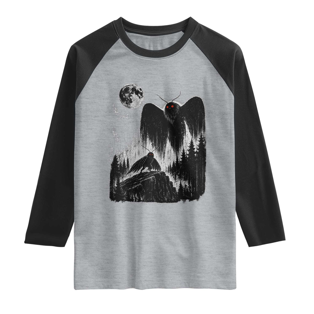 Mothman Howling at Moon 90s Retro Raglan Shirt Funny West Virginia Cryptid