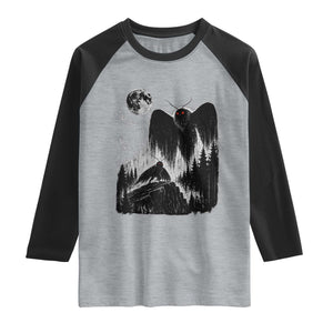 Mothman Howling at Moon 90s Retro Raglan Shirt Funny West Virginia Cryptid