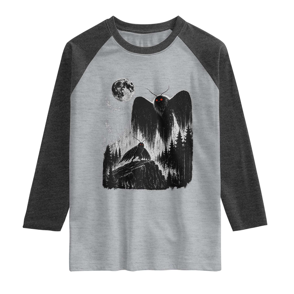 Mothman Howling at Moon 90s Retro Raglan Shirt Funny West Virginia Cryptid