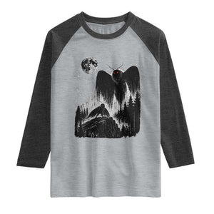 Mothman Howling at Moon 90s Retro Raglan Shirt Funny West Virginia Cryptid
