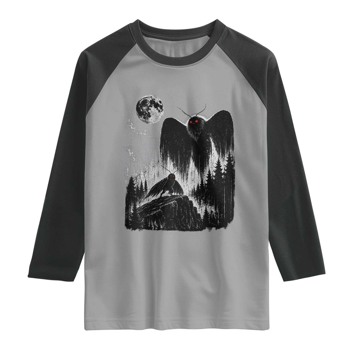 Mothman Howling at Moon 90s Retro Raglan Shirt Funny West Virginia Cryptid