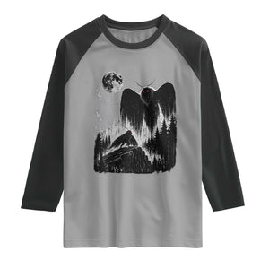 Mothman Howling at Moon 90s Retro Raglan Shirt Funny West Virginia Cryptid