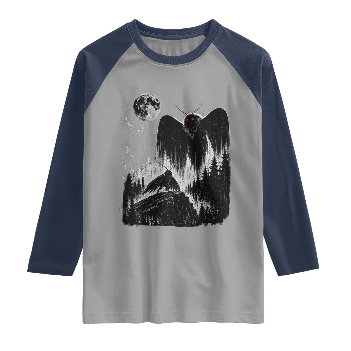 Mothman Howling at Moon 90s Retro Raglan Shirt Funny West Virginia Cryptid