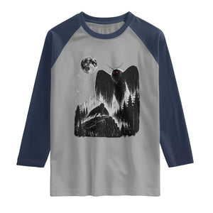 Mothman Howling at Moon 90s Retro Raglan Shirt Funny West Virginia Cryptid