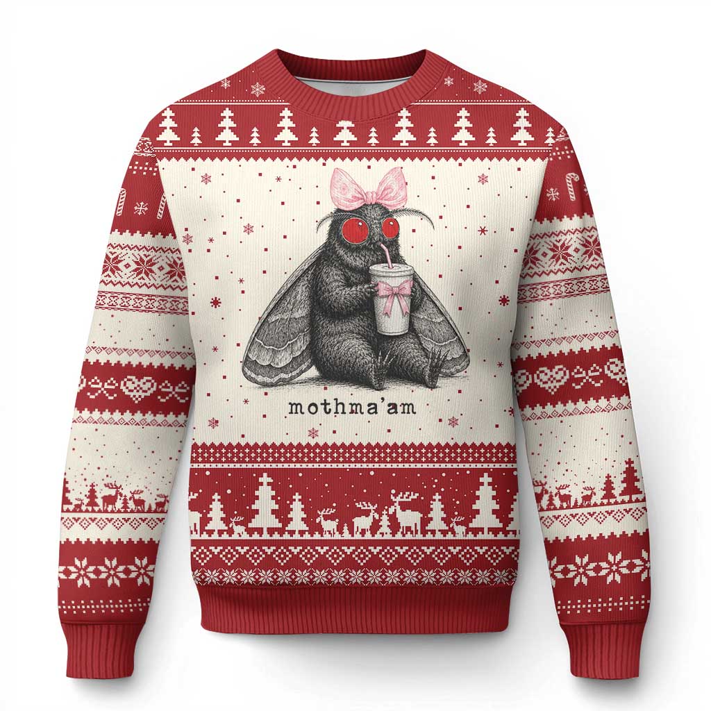 Funny Mothman Mothma'am Cute Pink Bow Coquette Ugly Christmas Sweater