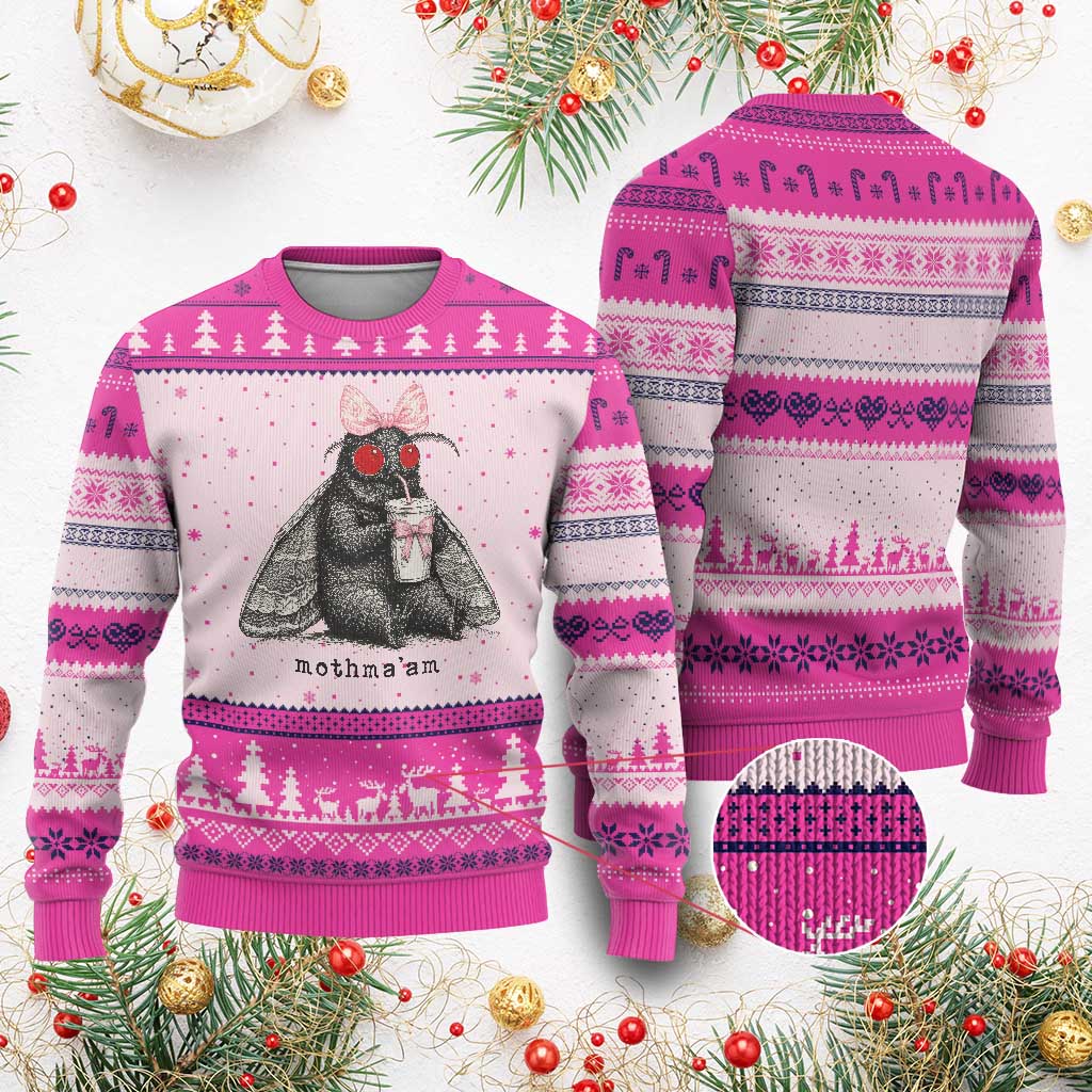 Funny Mothman Mothma'am Cute Pink Bow Coquette Ugly Christmas Sweater