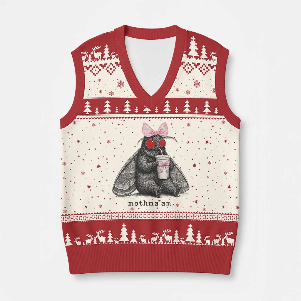 Funny Mothman Mothma'am Cute Pink Bow Coquette V-Neck Knit Sweater Vest
