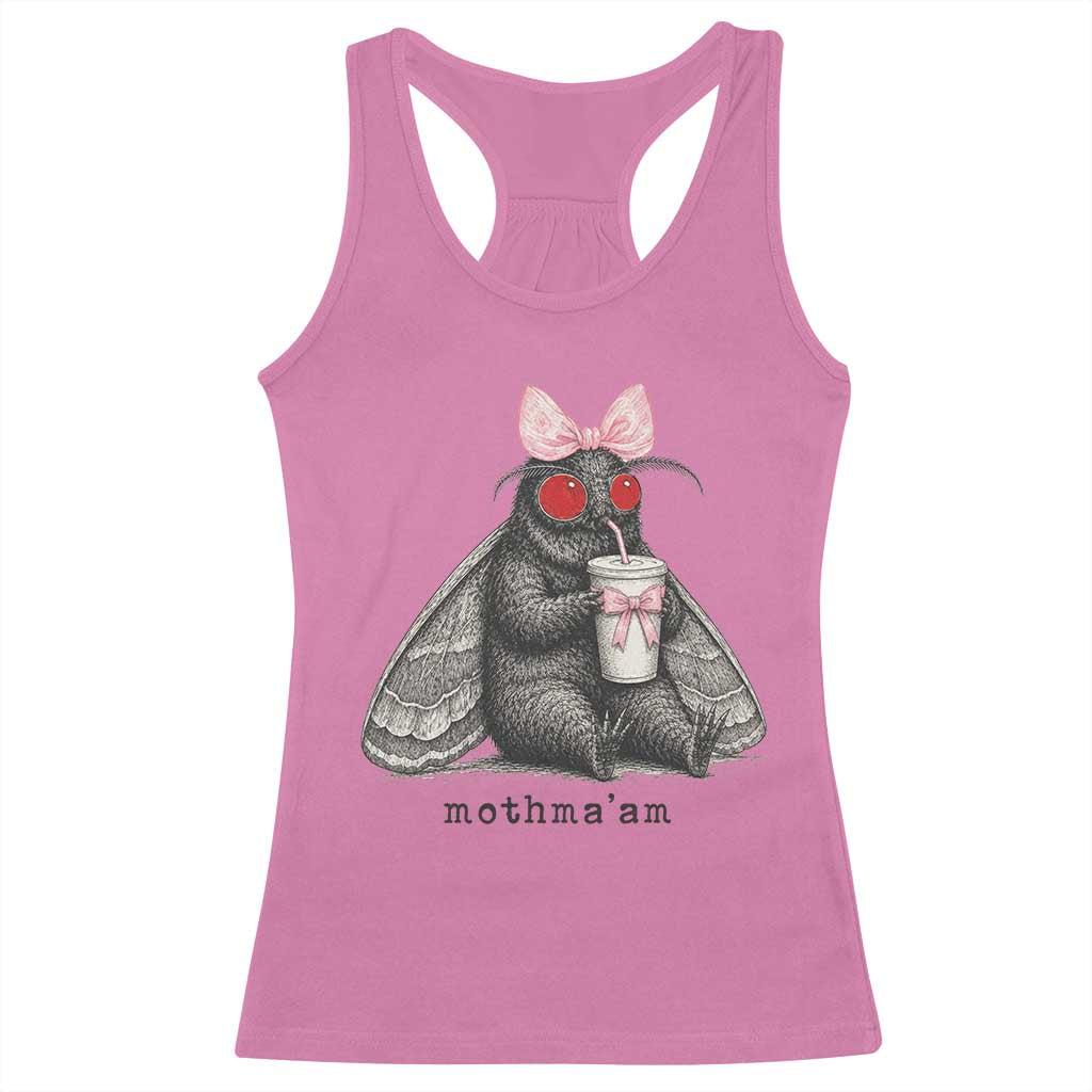 Funny Mothman Mothma'am Cute Pink Bow Coquette Racerback Tank Top