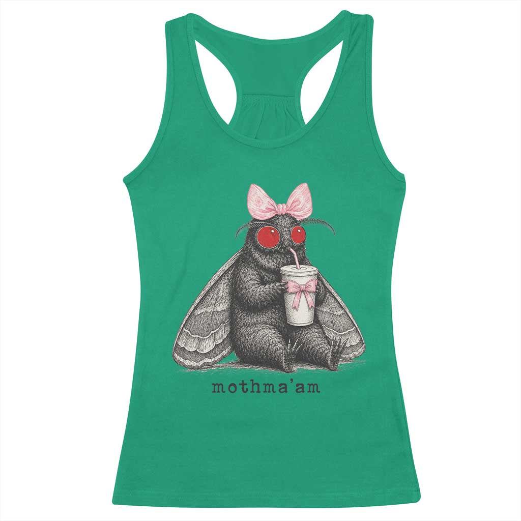 Funny Mothman Mothma'am Cute Pink Bow Coquette Racerback Tank Top