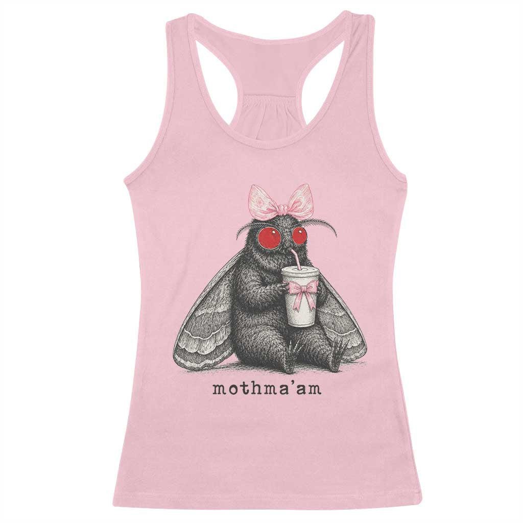 Funny Mothman Mothma'am Cute Pink Bow Coquette Racerback Tank Top
