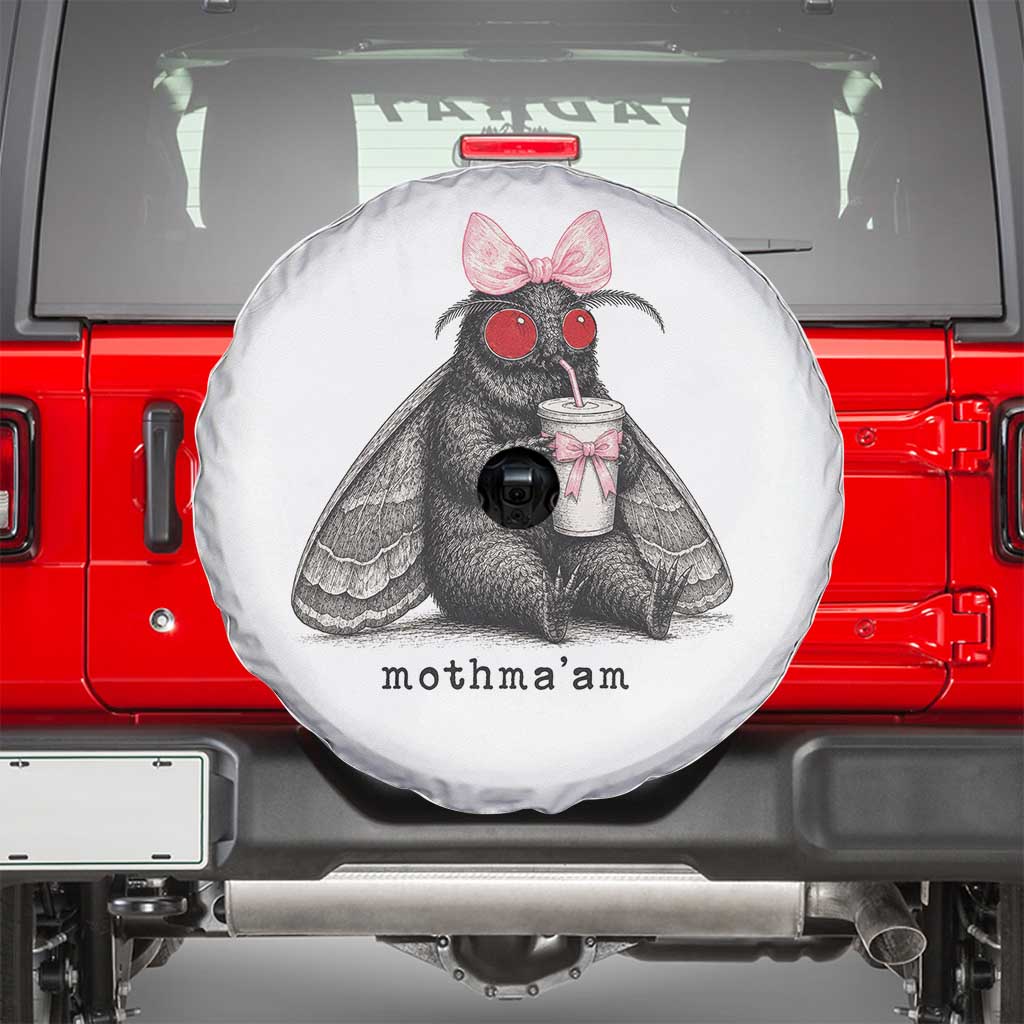 Funny Mothman Mothma'am Cute Pink Bow Coquette Spare Tire Cover TS11 White Print Your Wear