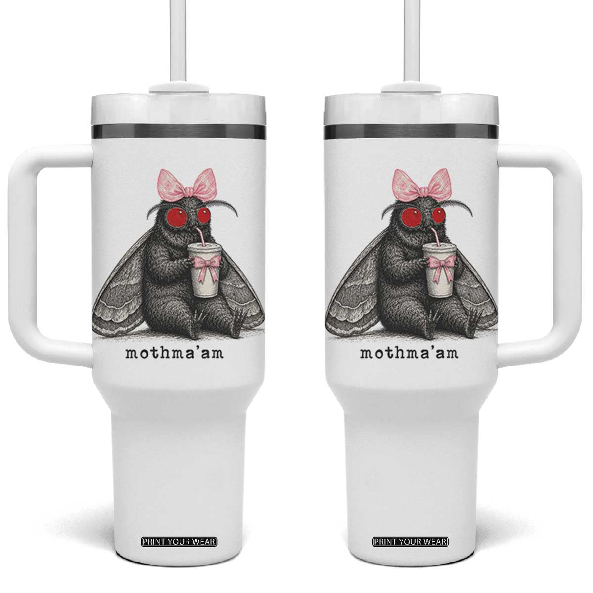 Funny Mothman Mothma'am Cute Pink Bow Coquette Tumbler With Handle