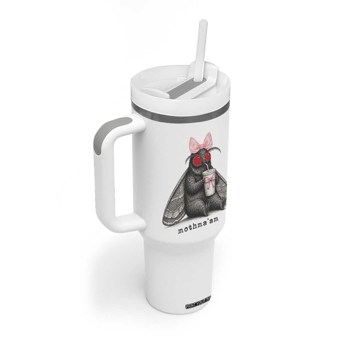 Funny Mothman Mothma'am Cute Pink Bow Coquette Tumbler With Handle