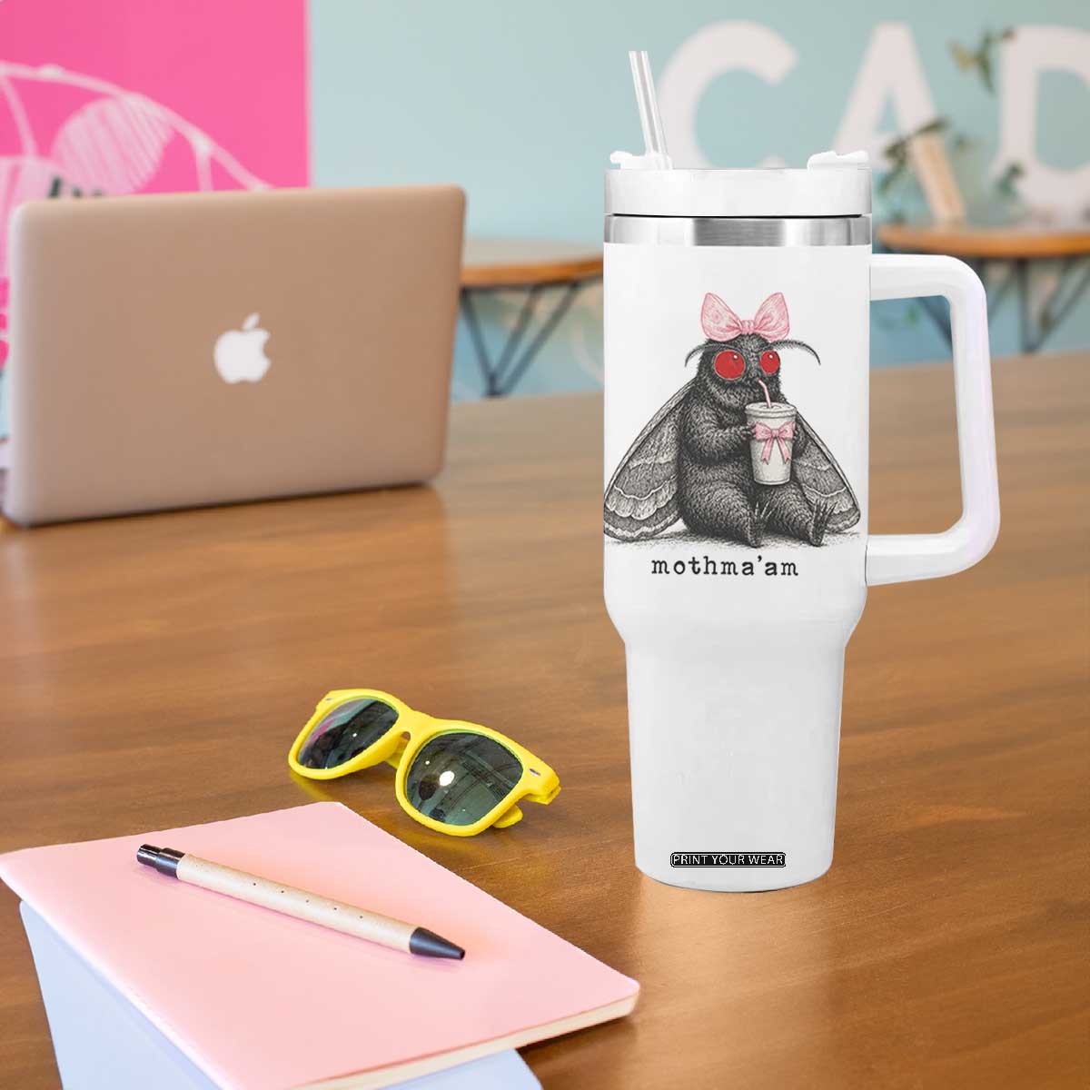 Funny Mothman Mothma'am Cute Pink Bow Coquette Tumbler With Handle