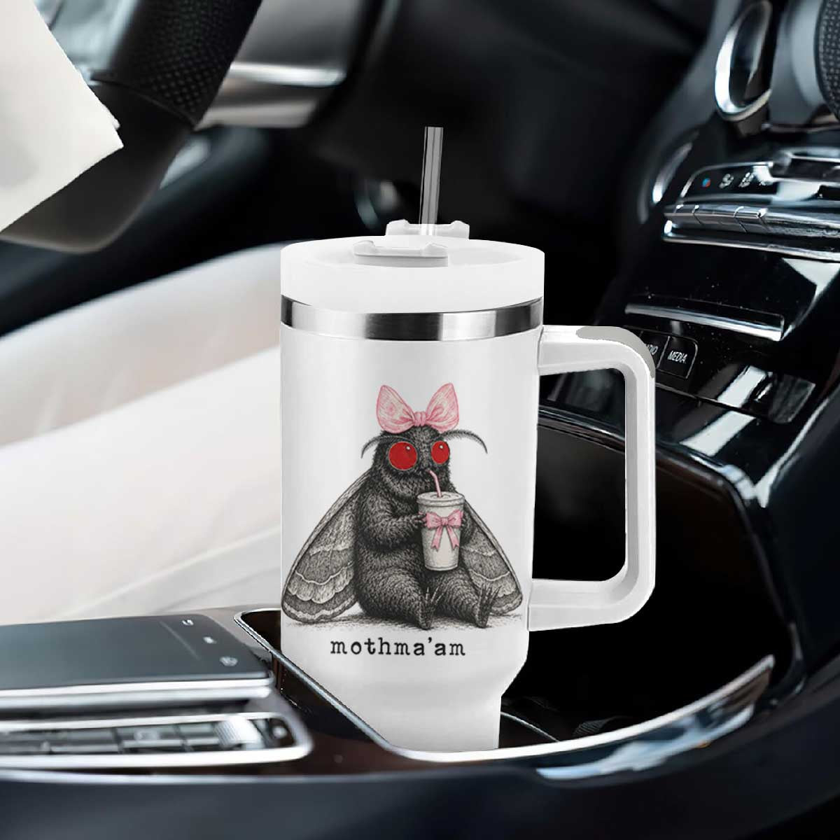Funny Mothman Mothma'am Cute Pink Bow Coquette Tumbler With Handle