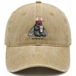 Funny Mothman Mothma'am Cute Pink Bow Coquette Washed Cotton Baseball Cap