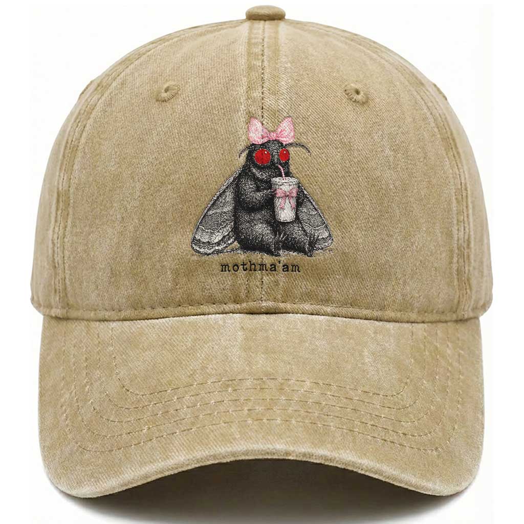 Funny Mothman Mothma'am Cute Pink Bow Coquette Washed Cotton Baseball Cap TS11 Print Your Wear