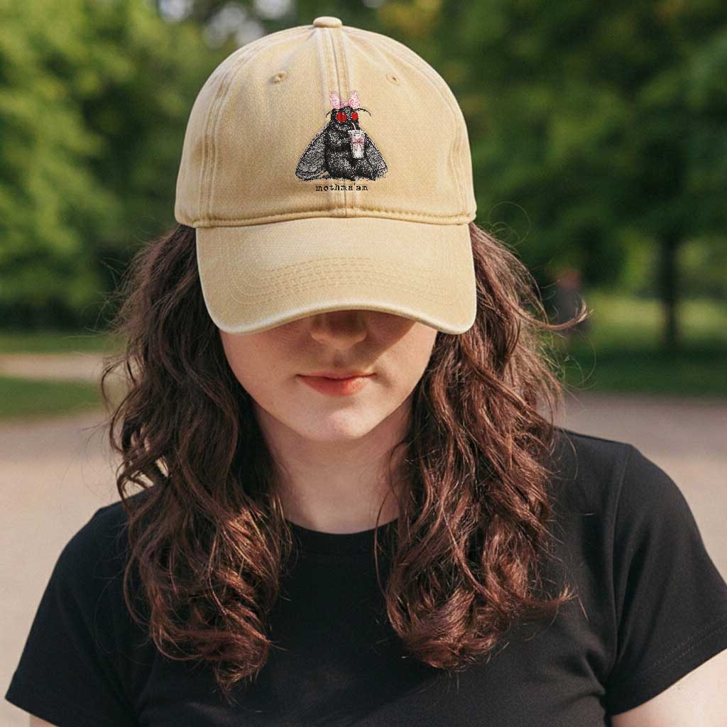 Funny Mothman Mothma'am Cute Pink Bow Coquette Washed Cotton Baseball Cap