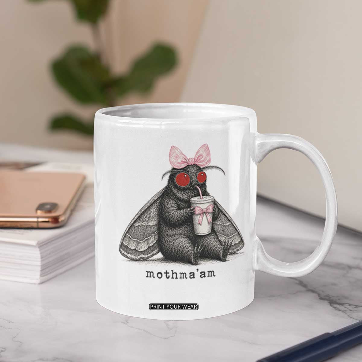 Funny Mothman Mothma'am Cute Pink Bow Coquette Coffee Mug