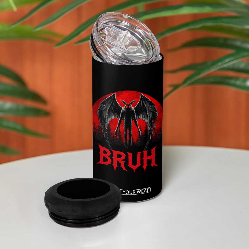 Funny Bruh Mothman 4 in 1 Can Cooler Tumbler Cryptozoology Cryptid Humor Weirdcore Horror Moon