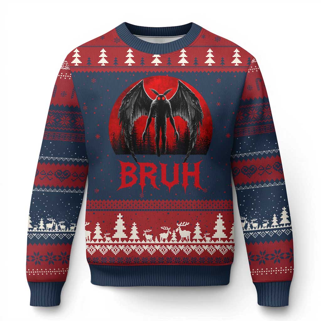 Funny Bruh Mothman Ugly Christmas Sweater Cryptozoology Cryptid Humor Weirdcore Horror Moon TS11 Navy Red Print Your Wear