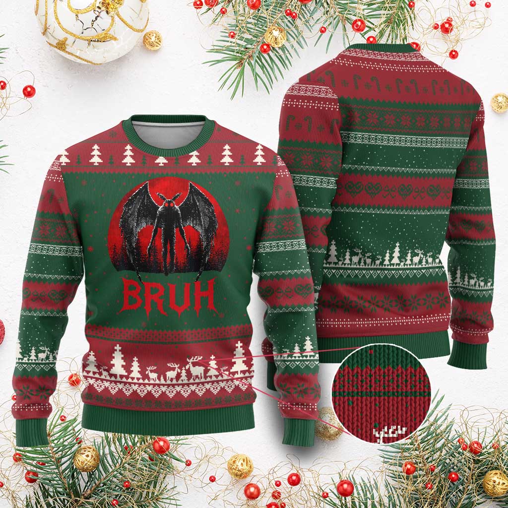 Funny Bruh Mothman Ugly Christmas Sweater Cryptozoology Cryptid Humor Weirdcore Horror Moon