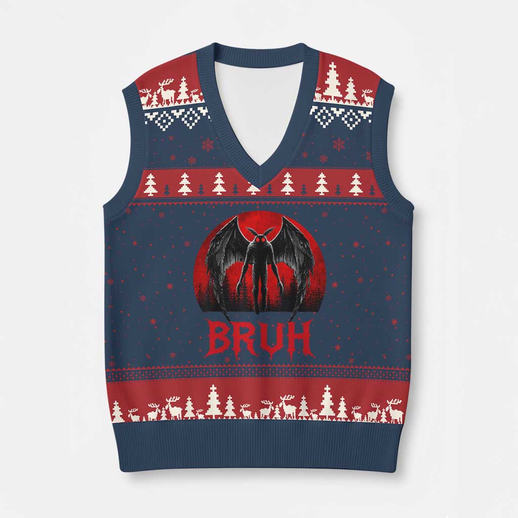 Funny Bruh Mothman V-Neck Knit Sweater Vest Cryptozoology Cryptid Humor Weirdcore Horror Moon