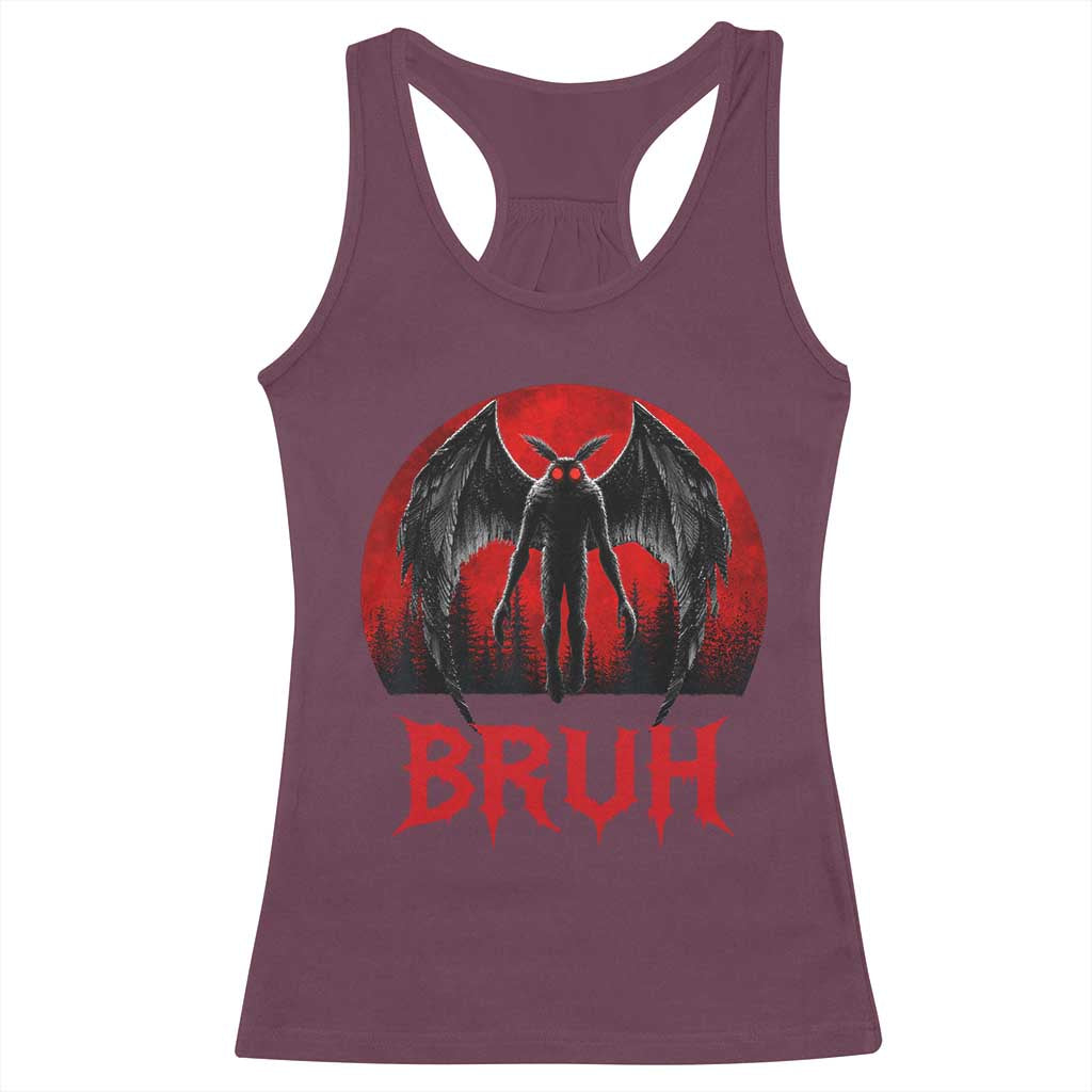 Funny Bruh Mothman Racerback Tank Top Cryptozoology Cryptid Humor Weirdcore Horror Moon