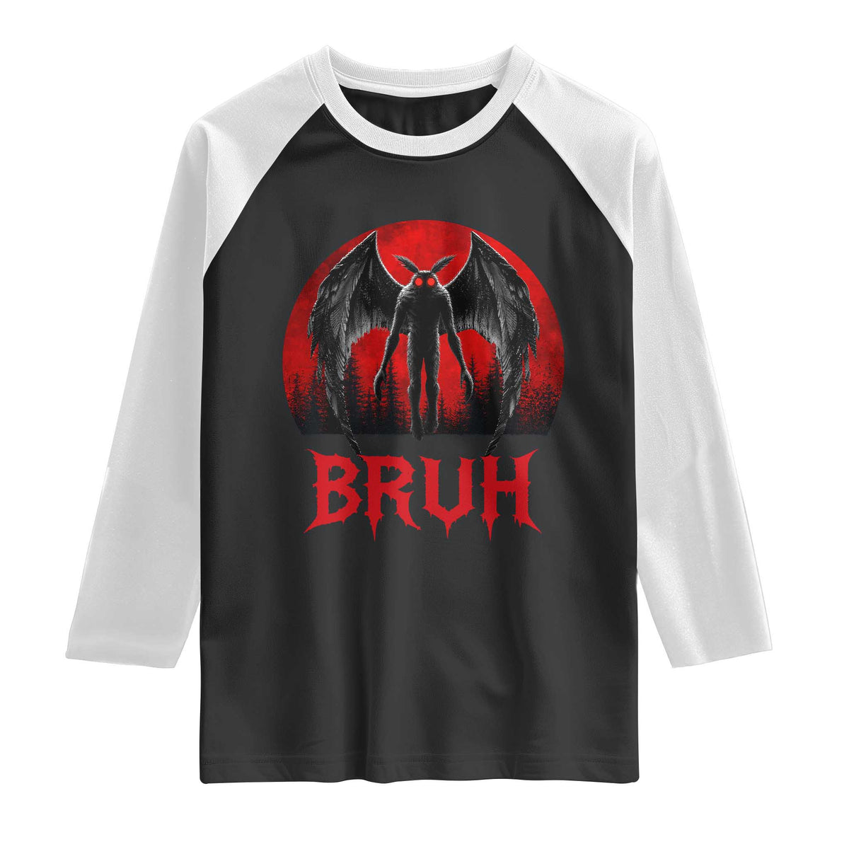 Funny Bruh Mothman Raglan Shirt Cryptozoology Cryptid Humor Weirdcore Horror Moon